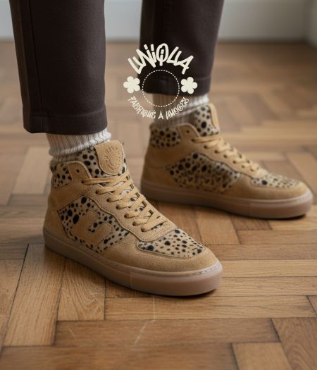 Basket AUGUST Made in France Velours Naturel / Poils Léopard