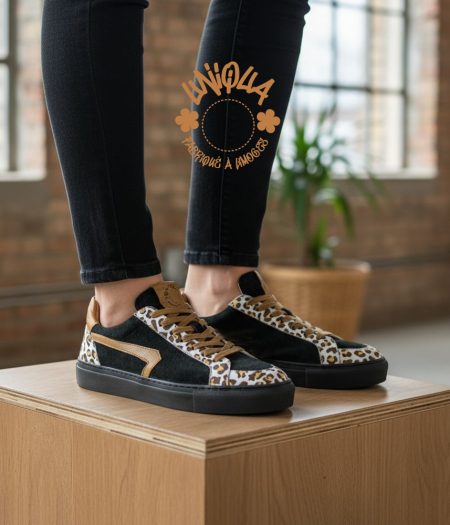 Basket ORSAY Made in France Motif Panthère / Velours Noir